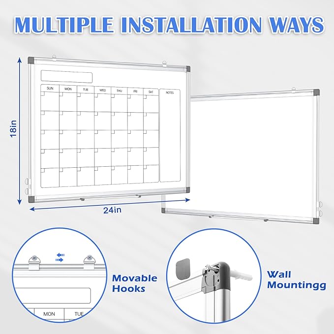 Monthly Calendar Dry Erase Whiteboard for Wall, 24" x 18" Magnetic Calendar White Board, Double-Sided Portable Board for Office, Kitchen, School, Home