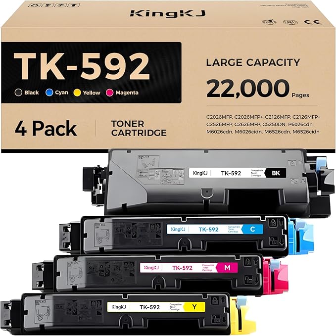 TK-592 TK592 Toner Cartridge Set 4-Pack Replacement Compatible with Kyocera ECOSYS P6026cdn M6026cdn M6026cidn M6526cdn M6526cidn FS-C2026MFP C2026 C2126MFP C2126MFP+ C2526MFP C2626MFP C5250DN Printer