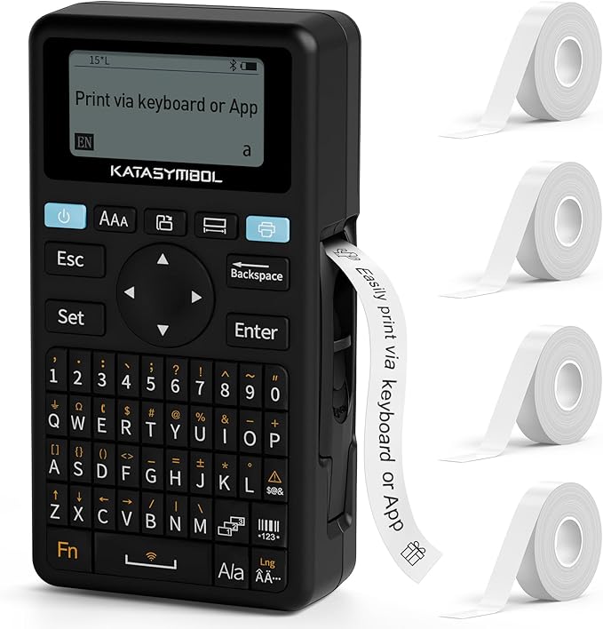 SUPVAN E11 Bluetooth Label Maker Machine with 4 Tapes, Support Keyboard & App with 40 Fonts and 450+ Icons, Rechargeable Inkless Labeler for Home, Kitchen, Office, School Organization, Black