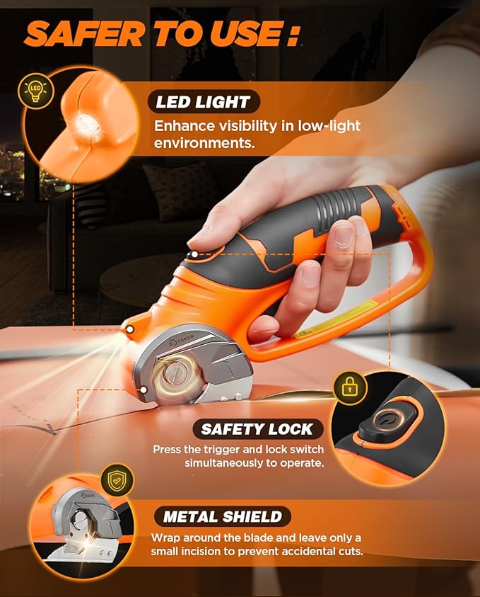 Saker Electric Box Cardboard Cutter,Cordless Elwetric Scissors for Fabric Leather Paper Plastic - Card Board Cutter Tool with 4V Recharged Battery - Safety Lock and LED Light for Cutting,Orange
