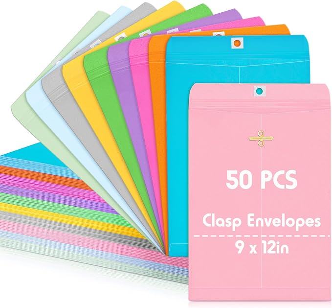 Geyee 50 Pcs 9 x 12 Inch Mixed Colors Manilla Clasp Envelopes Letter Size Mailing Envelopes with Clasp Closure for Filing Storing Documents Office Home Business School