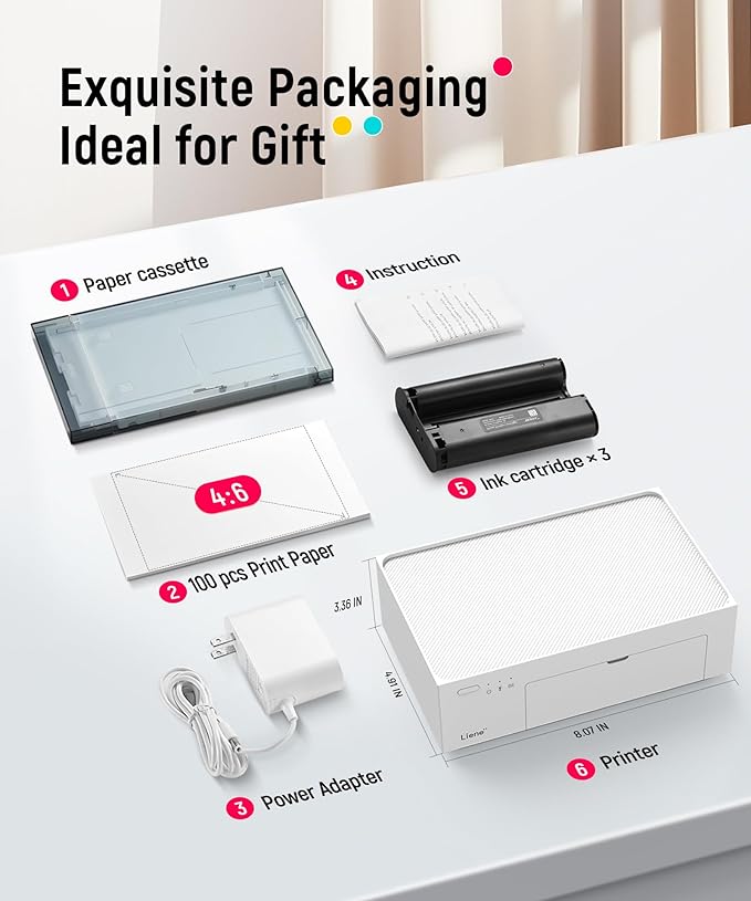 Liene M100 4x6'' Photo Printer, Phone Printer 100 Sheets & 3 Cartridges, Full-Color Photo, Portable Instant Photo Printer for iPhone Android, Thermal Dye Sublimation, Wi-Fi Picture Printer 100 Papers