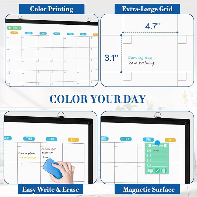 WALGLASS Dry Erase Calendar Whiteboard for Wall, 36" x 24" Double-Sided Monthly Calendar White Board with Black Aluminum Frame, Hanging or Wall Mount Whiteboard for Home, Office, School