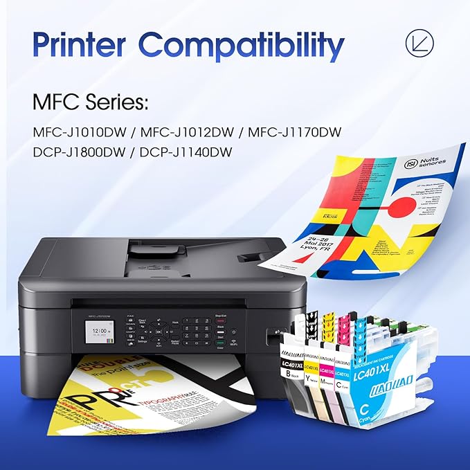 LC401XL Ink Cartridges Replacement for Brother LC401 LC401XL Ink Cartridges for Brother Printer MFC-J1010DW MFC-J1012DW MFC-J1170DW Black Cyan Magenta Yellow (4 Pack)