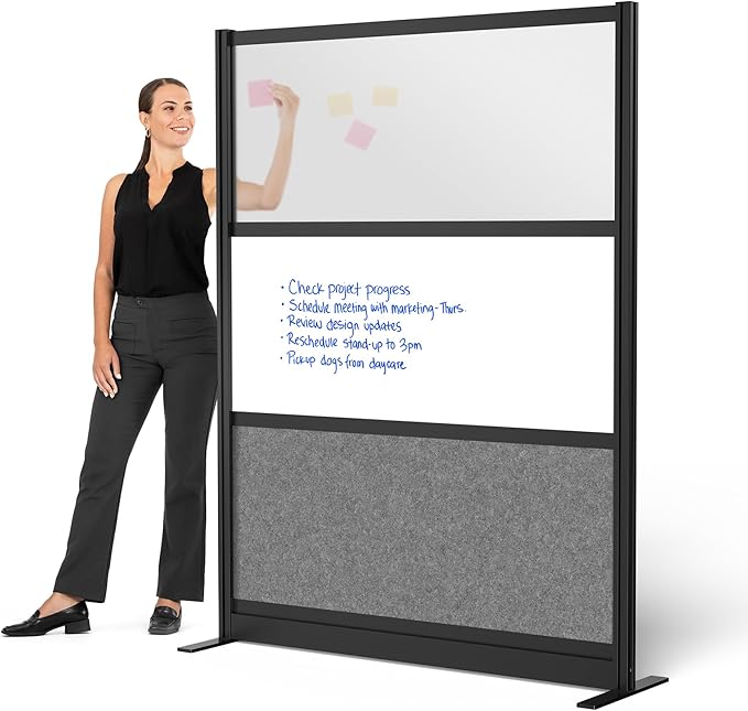 Stand Up Desk Store Workflow Wide Modular Wall | 53'' x 70'' Wall | Expandable Partition Room Divider with Rearrangeable Frosted Acrylic, Sound Absorbent and Whiteboard Panels (Black Frame)