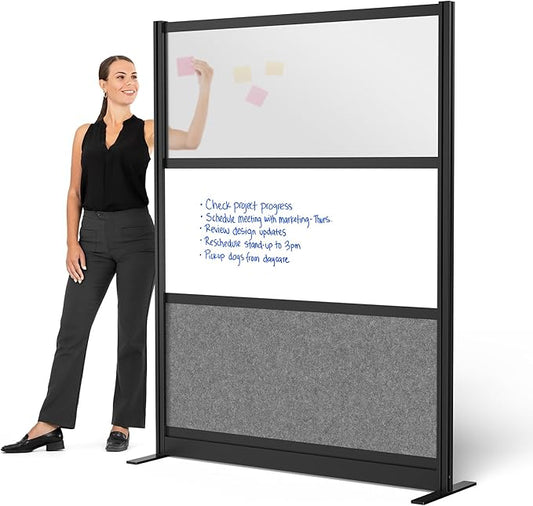 Stand Up Desk Store Workflow Wide Modular Wall | 53'' x 70'' Wall | Expandable Partition Room Divider with Rearrangeable Frosted Acrylic, Sound Absorbent and Whiteboard Panels (Black Frame)