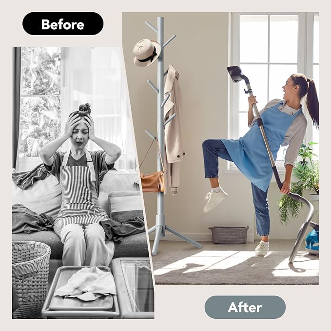 Wooden Tree Coat Rack Stand,Sturdy Freestanding Coat Rack with 8 Hooks,3 Adjustable Height for Child Adult,Wood Coat Stand Tree Fits Entryway Bedroom Office for Bags,Hats