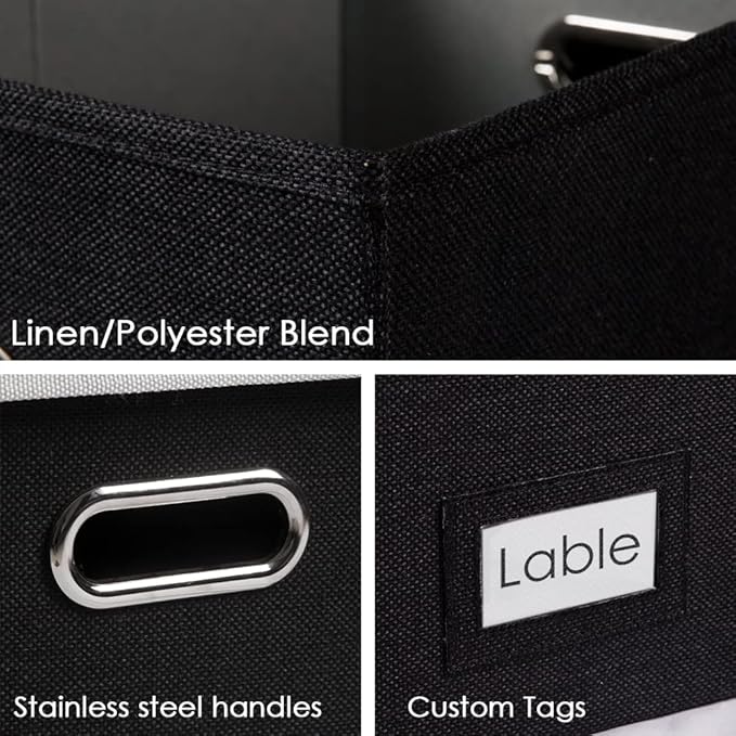 PRANDOM File Organizer Box - Set of 1 Collapsible Decorative Linen Filing Storage Hanging File Folders with Lids Office Cabinet Letter Size Black (15x12.2x10.75 inch)