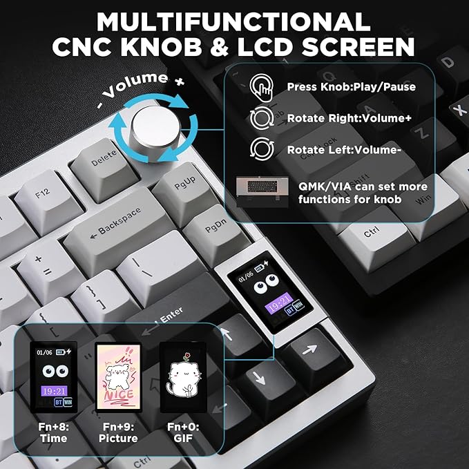 YUNZII AL80 Wireless Mechanical Keyboard,Full Aluminum CNC, Smart LCD Display,Hot Swappable Gasket Mount 75% Layout with Knob,BT/2.4G/USB-C,QMK/VIA Support for Win/Mac (Silver, Gateron Zero Switch)