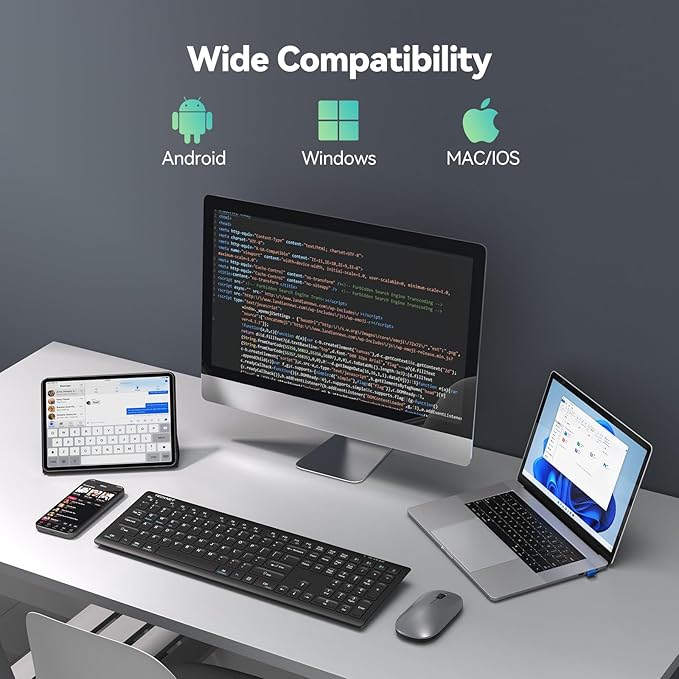 TECKNET Bluetooth Keyboard Rechargeable, 4-Device Free Switching (2.4G+BT), Ultra-Slim Full Size Wireless Keyboard, Quiet Typing, for PC/Laptop/Smart TV/Phone, Adjustable Stand, 12 Multimedia Keys