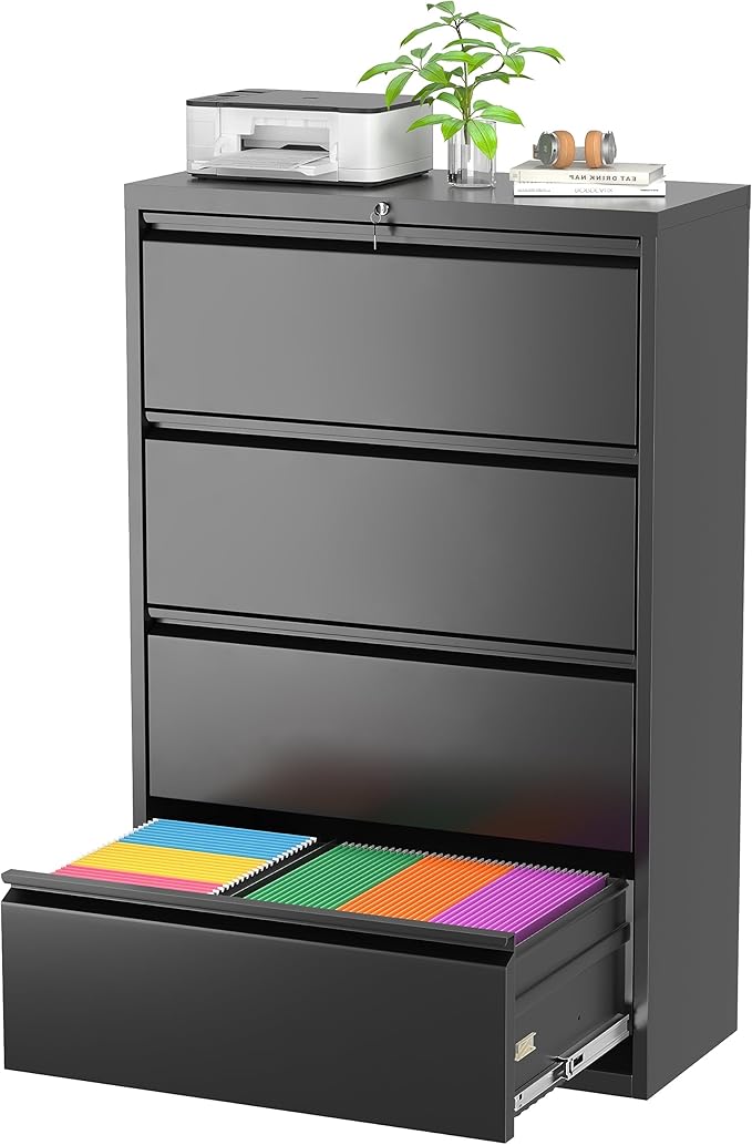 Superday Filing Cabinet Lateral File Cabinet 4 Drawer, Filing Cabinets with Lock, Locking Metal File Cabinets for Home OfficeLegal/Letter/A4/F4(Black)