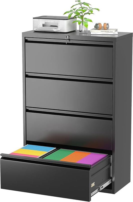 Superday Filing Cabinet Lateral File Cabinet 4 Drawer, Filing Cabinets with Lock, Locking Metal File Cabinets for Home OfficeLegal/Letter/A4/F4(Black)