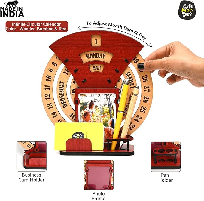 GKD Wooden Desk/Table Calendar to Lifetime Infinite Calendar 2025 with Desk Organizer and Photo Frame for Office/Home (‎Red)