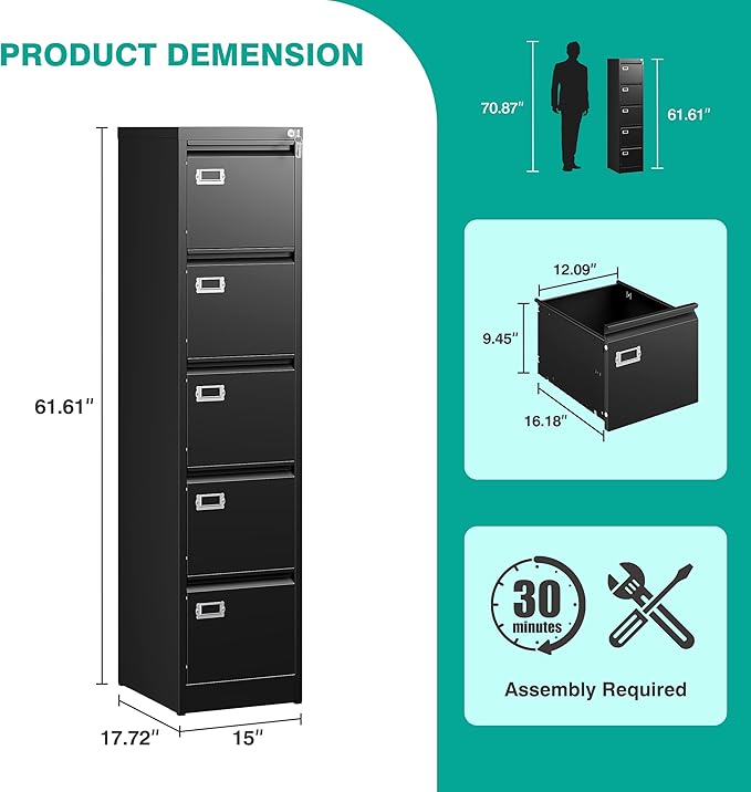 SISESOL 5 Drawer File Cabinet with Lock,15" Narrow Vertical File Cabinet Five drawer,Tall Office Filing Cabinets,Black Metal Filing Cabinets for Home Office,Fit A4,Legal,Letter Size,-Assembly Required