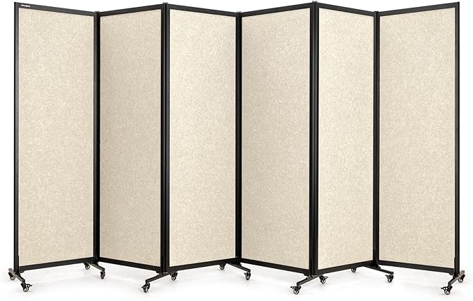 Upgrade Version Room Partition and Divider, Freestanding Rolling Dividers with Wheels,Office Privacy Screen Divider Wall,Classroom Felt Dividers,12'2"L* 6'7"H,6 Panel，Beige