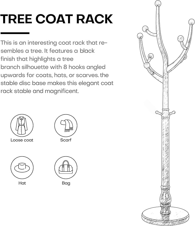 Coat Rack Freestanding Coat Tree with Sturdy Round Base, Unique Coat Hanger Stand, Heavy Duty Standing Coat Rack Clothes Stand for Winter Jacket, Hat, Entryway/Hallway/Bedroom, Black