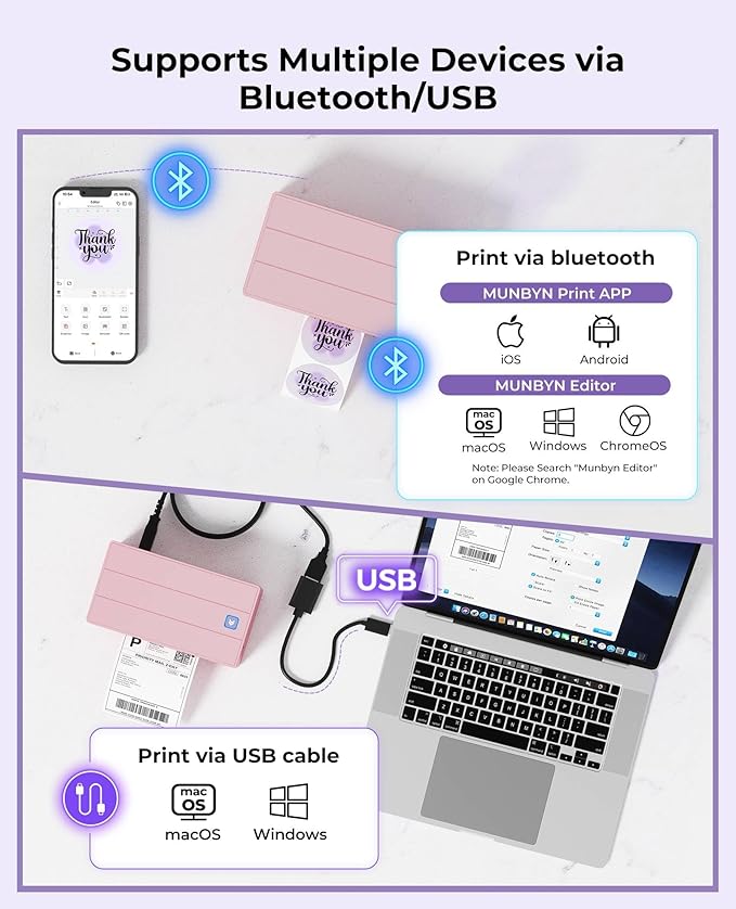 MUNBYN Bluetooth Thermal Label Printer, 130B Wireless 4x6 Shipping Label Printer for Shipping Packages Small Business Office or Home, Compatible with iPhone Android iPad Windows macOS Chrome Etsy eBay