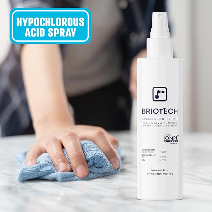 BRIOTECH Sanitizer Disinfectant Hypochlorous Spray, Kill 99.99% of Viruses & Bacteria, Control Mold, Eliminate Odor, Gentle for Nurseries, Food Contact Surface Sanitizer, 2 fl oz Travel Size