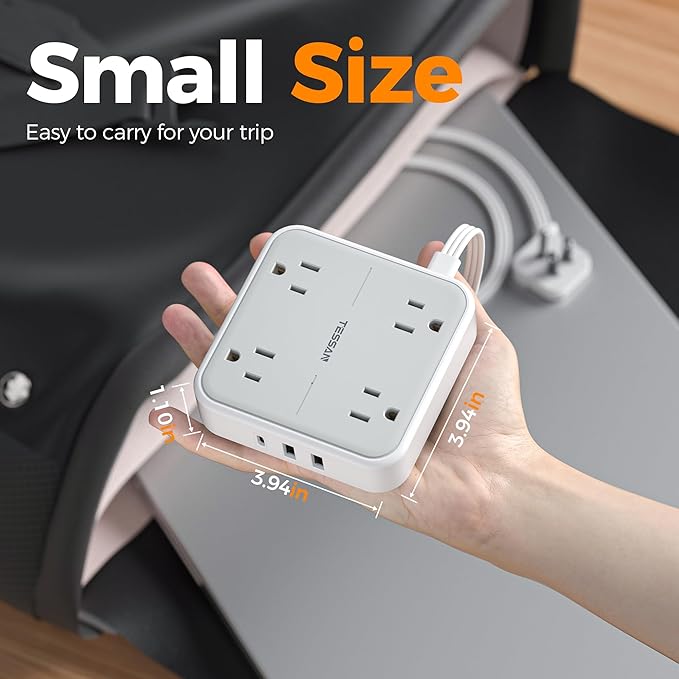 Flat Plug Extension Cord 5 Ft, TESSAN Surge Protector Power Strip Ring Pull with 3 USB (1 USB C) 4 Outlets, 900 Joules Protection, Desktop Charging Station for Home, Office, College, Dorm Room, Gray