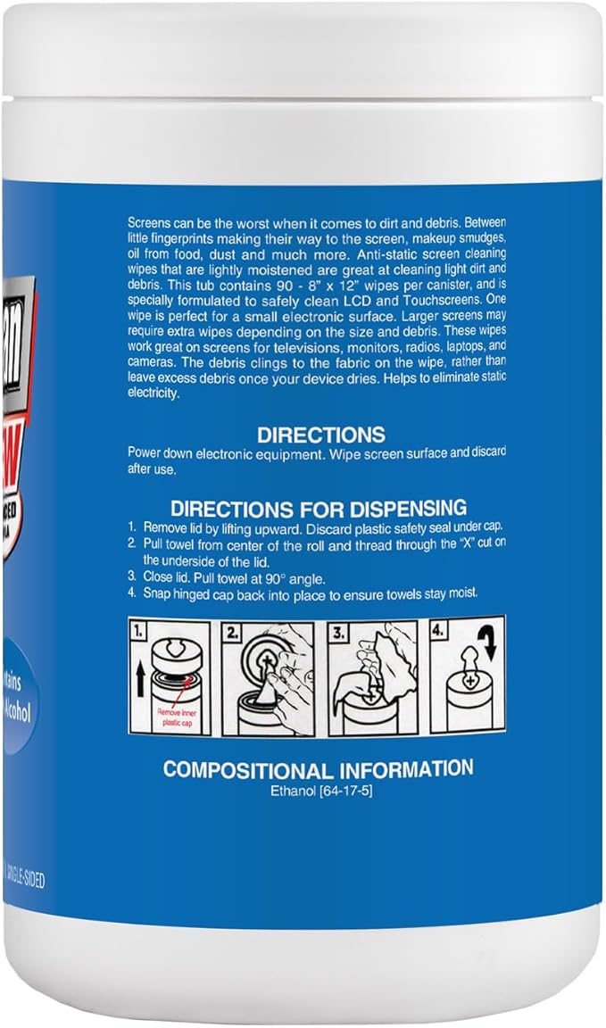 Zenex Screen Clean Anti-Static Electronic Screen Wipes - Single Sided Non-Abrasive Towels | For TV, Phones, Monitors | Quick Dry & Streak-Free | Prevents Static Build-up (2 Pack | 180 Sheets Total)
