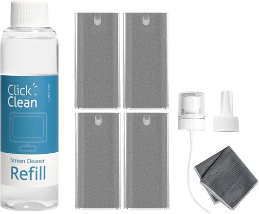 Click Clean Screen Cleaner Kits - 4 All-in-One Mist Cleaner with 4 oz Refill, 1 Microfiber Cloth(7.8 x 7.8in), 1 Mini Funnel, and 1 Sprayer - for All Phones, Laptop and Tablet Screens