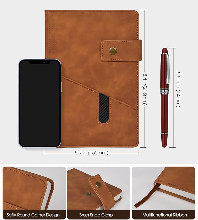 Brown A5 Lined Leather Journal Notebook for Men Women,5.9" X 8.4" Personalized Hardcover Journal with Pen,200 Pages 100 Gsm Thick Ruled Paper Daily Diary for Travel,Business,Work,Writing