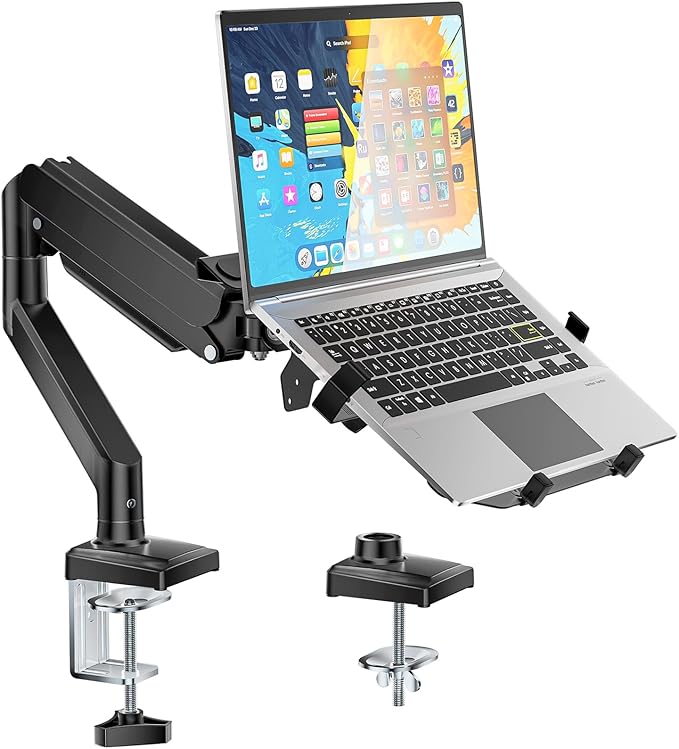 WALI Laptop Desk Mount, 2-in-1 Monitor Mount with Adjustable Laptop Tray, Fits Max 17" Notebook and 34" Computer Screen, Max Holds 22-26.4 lbs, Single Monitor Laptop Stand for Desk (GSMP001NLP), Black