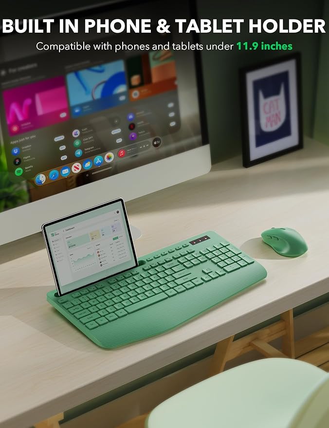 Wireless Keyboard and Mouse Combo - Full-Sized Ergonomic Keyboards with Wrist Rest, Phone Holder, Sleep Mode, Silent 2.4GHz Cordless Combo for Computer, Laptop, PC, Mac, Windows -Trueque