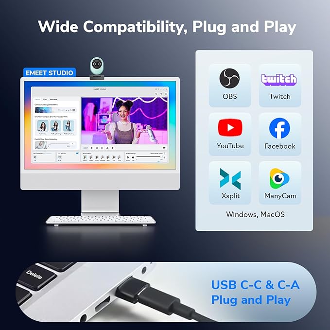 EMEET Piko+ Webcam 4K, World's 1st Dual-Camera AI-Powered 4K Camera, 1/2.55'' Sony Sensor, 3 Mics&3 Sound Modes, Panda Magnetic Privacy Cover, USB C-C&C-A, Ideal for Livestreamers and Content Creators