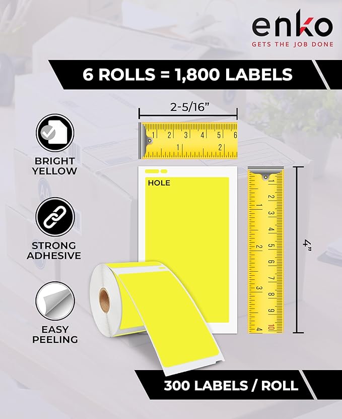 enKo [6 Rolls, 1800 Direct Thermal Labels] Yellow Colored Compatible for Dymo 30256 Label (2-5/16 x 4") Use with Dymo, Rollo Thermal Printer as Shipping & Mailing Labels