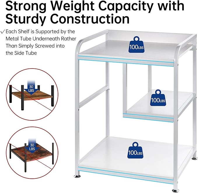 Large Printer Stand Table with Storage Shelf for Host Computer, PC Tower, CPU and Shredder, 3 Tier Rolling Printer Cart with Wheels for Home Office Storage and Organization - White