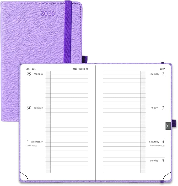 POPRUN Weekly Planner 2026 Calendar (Pocket 4'' x 6.25'') 12 Months Notebook with Horizontal Layout, Leather Hardcover, Inner Pocket, 100GSM Thick Paper, Pen Holder TJ - Lavender