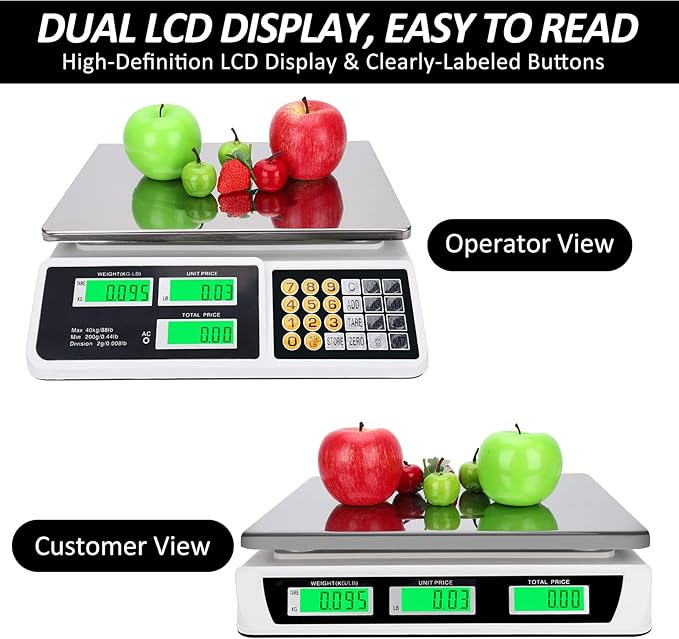 Price Computing Scale 88lb/40kg LCD Digital Commercial Price Scale with Stainless Steel Platform,Produce Scale & Food Scale for Farmers Market, Retail Outlets, Meat Shop (Flat Plate)