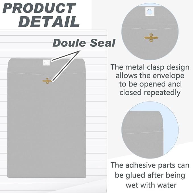 Geyee 100 Pcs Clasp Manilla Envelopes 9 x 12 Inch Gummed Colored Envelopes for Storing or Mailing for Home Office Business Supplies(Grey)