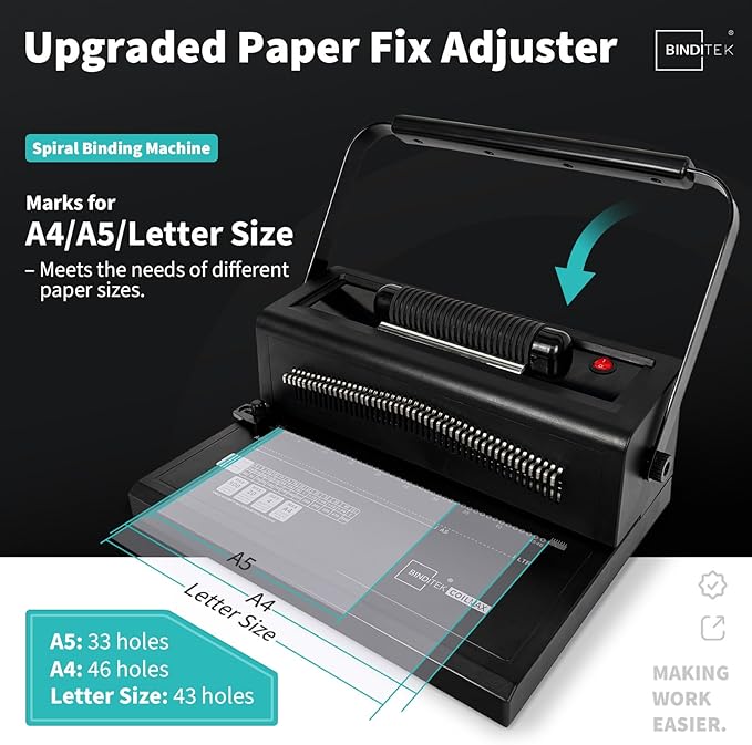 Binditek Spiral Binding Machine for Letter Size/A4/A5, Manual Round Hole Punch, Disengaging Pins, Adjustable Side Margin, with 100 pcs 5/16" Binding Coils, Pliers, PVC Covers & Power Adapter