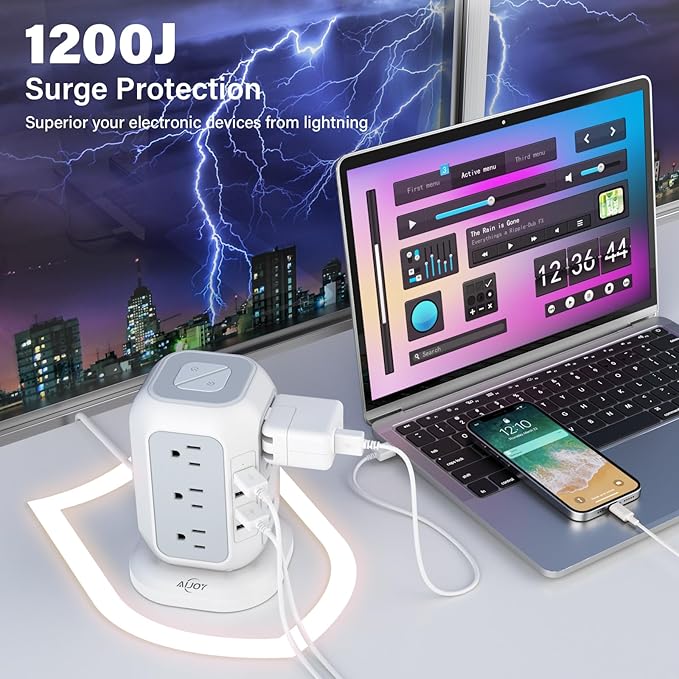 Power Strip Tower with USB Ports-AiJoy Surge Protector with 12 AC Outlet and 4 USB Ports, 10 Feet Extension Cord, USB Charging Station with Overload Protection, Office Desk Supplies, Dorm Essentials