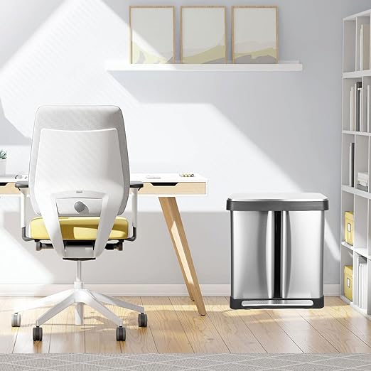 19 Gallon Dual Trash Can, 2 x 36 L Stainless Steel Two Compartment Garbage Can with Soft-Close Lid and Foot Pedal for Kitchen Home Office, Without Removable Inner Bucket