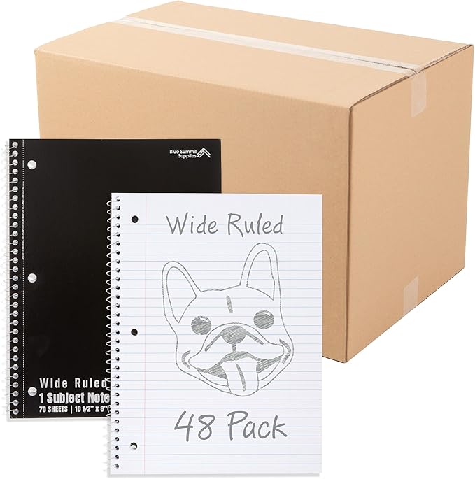 Blue Summit Black Wide Ruled Spiral Notebooks Bulk, 1 Subject Spiral Notebook Wide Ruled, Paper School Bulk Notebooks, 48 Pack