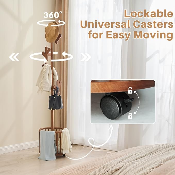 Uniclinens Solid Wood Coat Rack Freestanding with Umbrella Holder, Tree Coat Rack Stand with Lockable Universal Casters & 12 Hooks for Entryway Bedroom, Walnut
