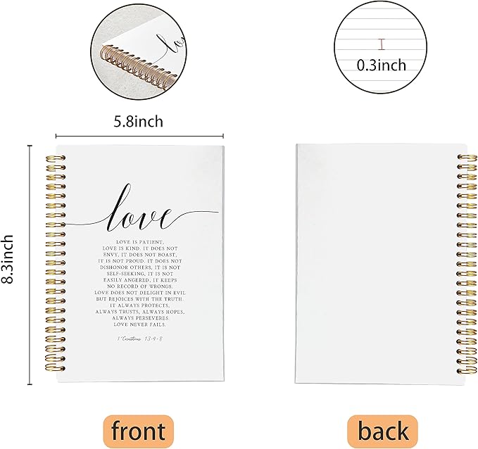 VNWEK Christian Notebook,Bible Journaling Notebook,Bible Journal,Church Notes Notebook,1 Corinthians 13:4-8 Love Never Fails Spiral Notebook Journal 5.5x8.3 Inch,Christian Journals for Women