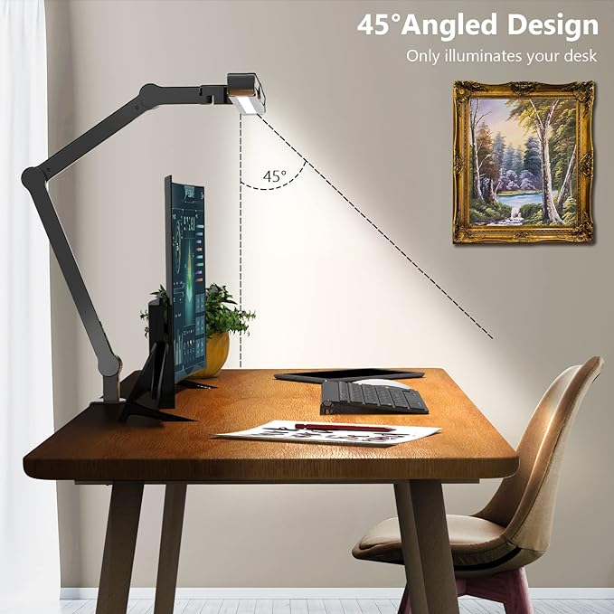 Micomlan Led Desk Lamp with Clamp, Architect Desk Lamp for Home Office with Atmosphere Lighting, 24W Ultra Bright Auto Dimming Computer Light Stepless Dimming and Tempering LED Table Light