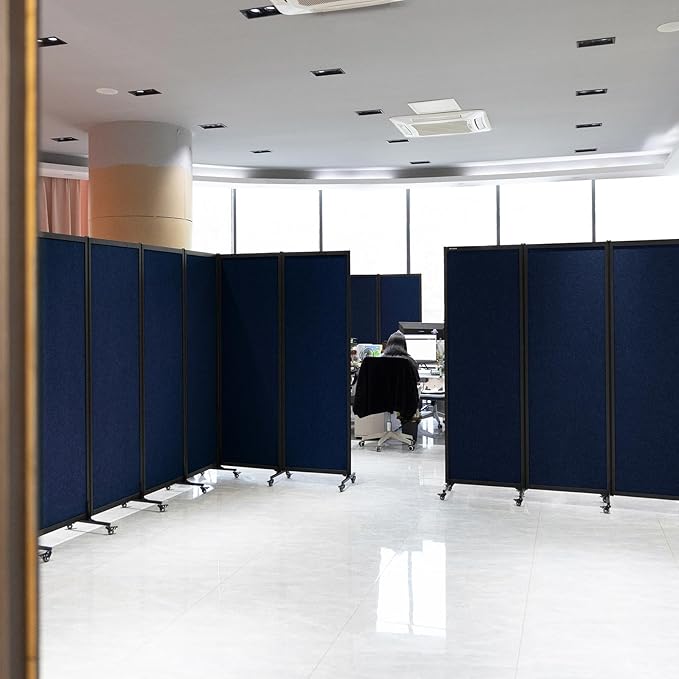 Upgrade Version Room Partition and Divider, Freestanding Rolling Dividers with Wheels,Office Privacy Screen Divider Wall,Classroom Felt Dividers,8'2"L* 6'7"H,4 Panel，Blue