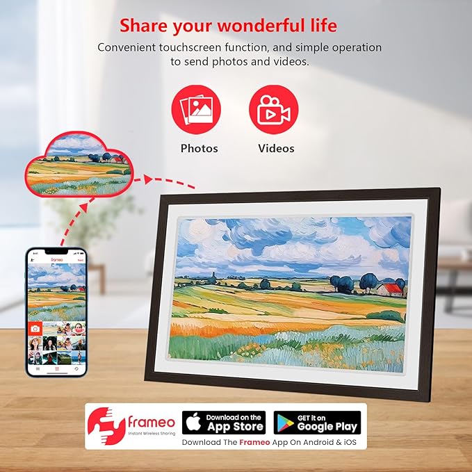 Touch Screen FRAMEO Digital Picture Frame 32GB Storage WiFi Smart 21.5 inch Photo Frame, FHD IPS Auto-Rotate, Attach Wall mounting Bracket Share Photos or Videos Instantly via Frameo APP