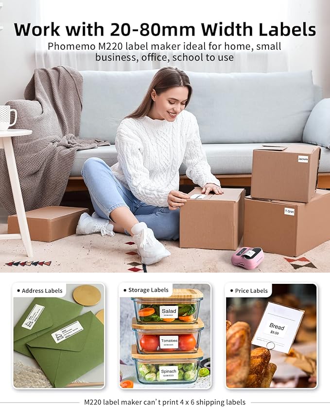 Phomemo M220 Bluetooth Label Maker Machine,Label Printer for Small Business, Office, Home & School, Portable Label Maker with 200+ Templates,100+ Fonts,1000+ Icons, Compatible with Phone, PC