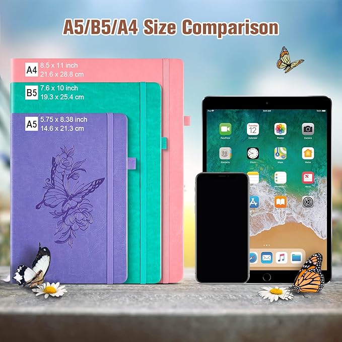 Lined Notebook Journal for Women Men, 312 Numbered Pages B5 Thick Leather Journals for Writing, Daily Diary Journal for Work School, Hardcover College Ruled Notebook, Butterfly Flower Notebook, Brown