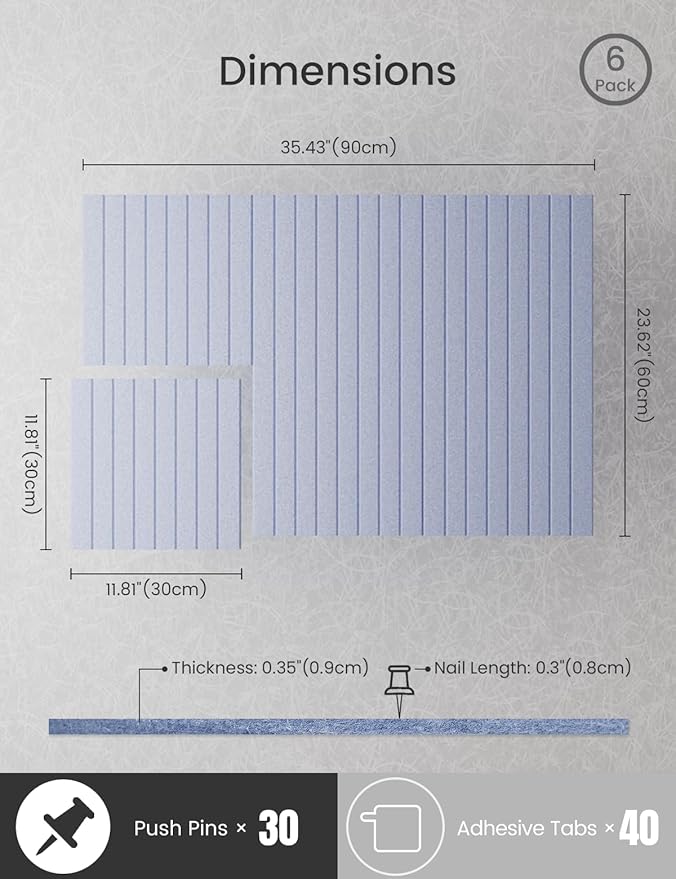 Bumusty Large Cork Board Alternative-36 x24 Felt Bulletin Board Tiles, with 30 Pushpins, 40 Adhesive Tabs, 6-Pack Slat Wall Paneling, Cork Boards for Office Push Pin Board Felt Board-Soft Periwinkle