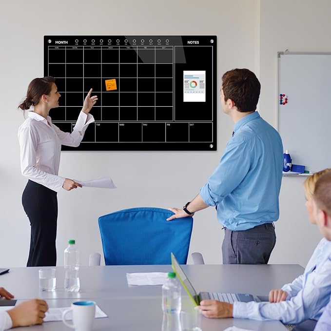 Magnetic Glass Whiteboard 36X24 Monthly Planner Calendar Dry Erase Board for Home, School, Office, Frameless, with Markers, Marker Tray, Eraser, Magnets (Black)