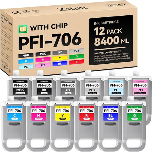 PFI-706 Pigment Ink Tank 12-Pack 700ml Ink Cartridges Compatible with Canon ImagePROGRAF iPF8300 iPF8300S iPF8400F iPF8400S iPF8400SE iPF9400 iPF9400S iPF8400 iPF8410 iPF9410 iPF8410S iPF9410S Printer