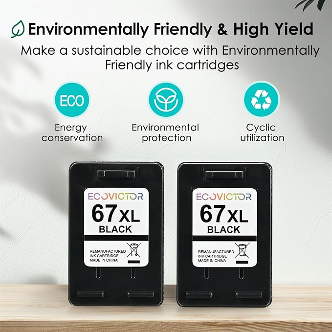 EcoVictor 67XL Black Ink Cartridge Replacement for HP 67 XL (2-Pack) Compatible to HP DeskJet 2755e 2700 2700e 4155e 2752 2755 4100 4100e 2320 Envy 6055e 6000 6000e 6455e 6400 6400e 6458 6052 Printer