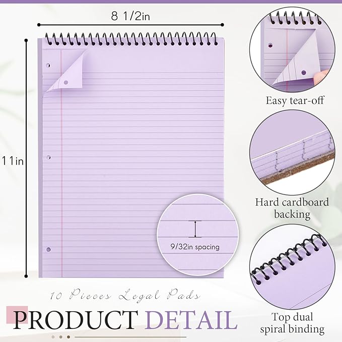 10 Packs 8.5" x 11" Top Spiral Notebook with 3 Hole Punched Legal Pads College Ruled Notepad 50 Sheets Hard Cardboard Paper Wirebound Notepad for Office School Business (Green,Blue,Purple)